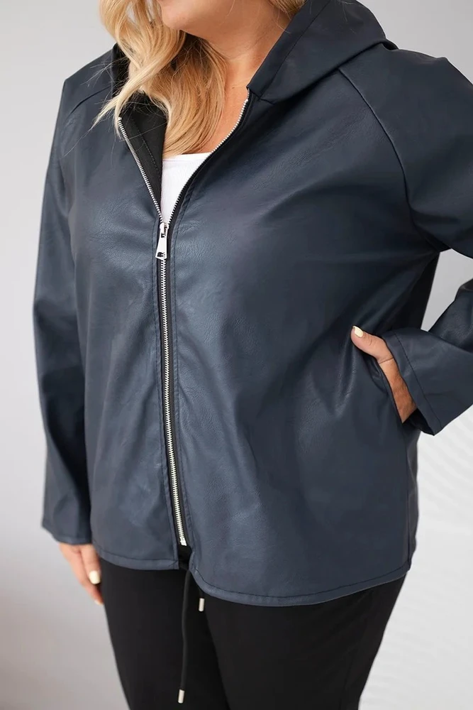 Moteriška Plus Size striukė su gobtuvu ir reguliuojama apačia, tamsiai mėlyna