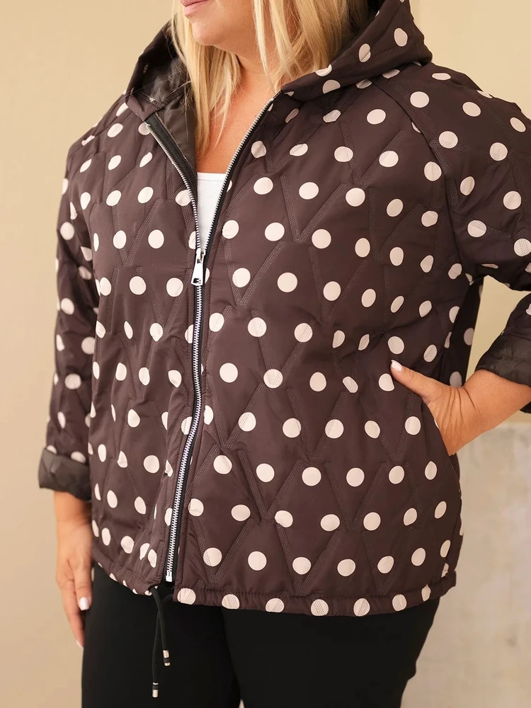 Moteriška Plus Size striukė su gobtuvu ir taškuotu raštu, ruda