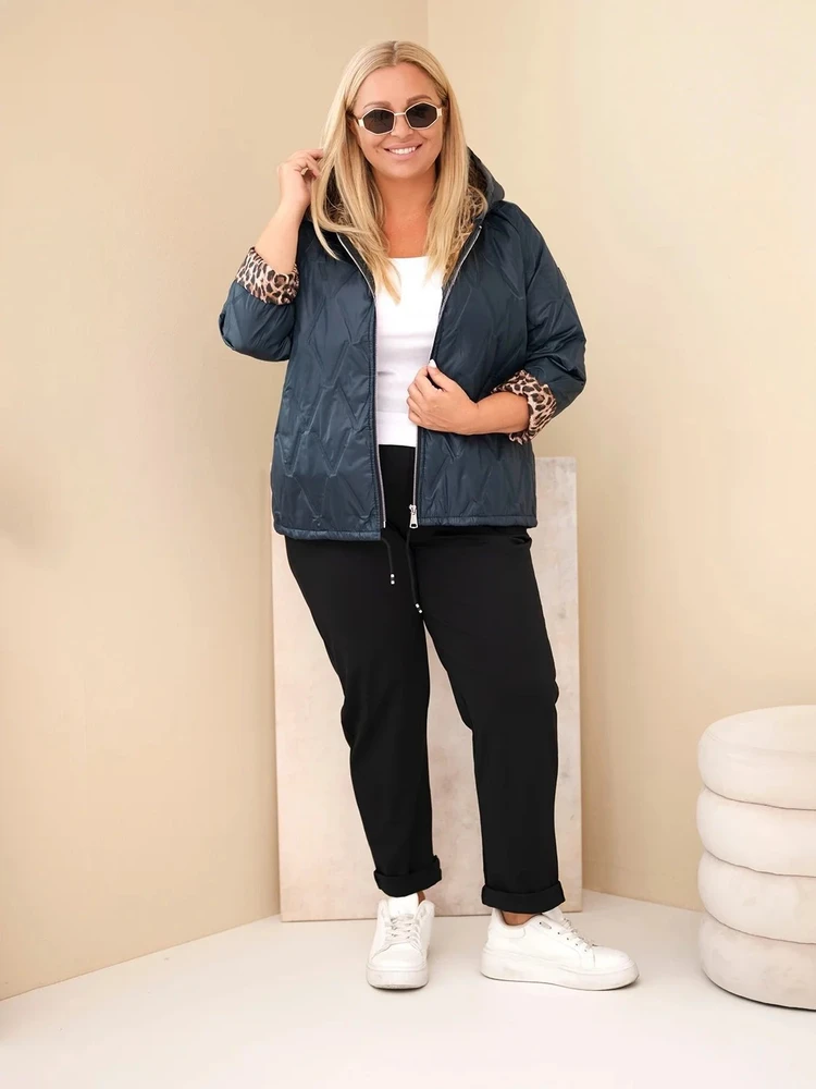 Moteriška Plus Size striukė su gobtuvu ir leopardo rašto apdaila, tamsiai mėlyna