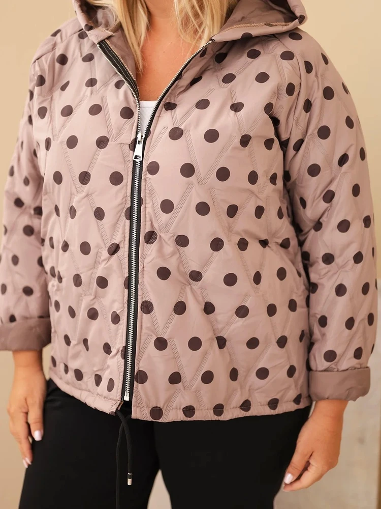 Moteriška Plus Size striukė su gobtuvu ir taškuotu raštu, fango spalvos