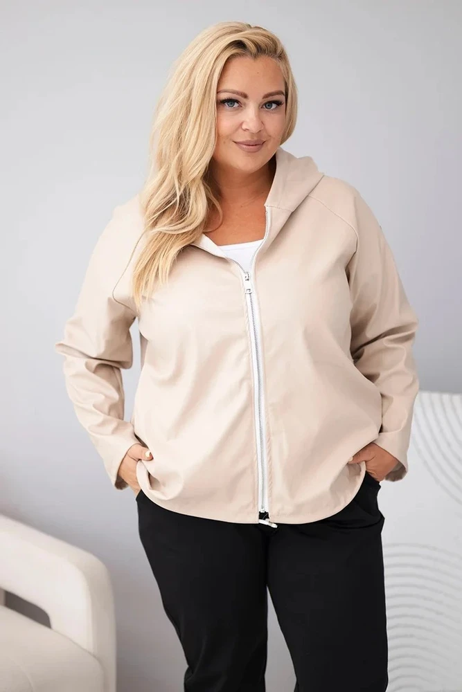 Moteriška Plus Size striukė su gobtuvu ir reguliuojama apačia, smėlio spalvos