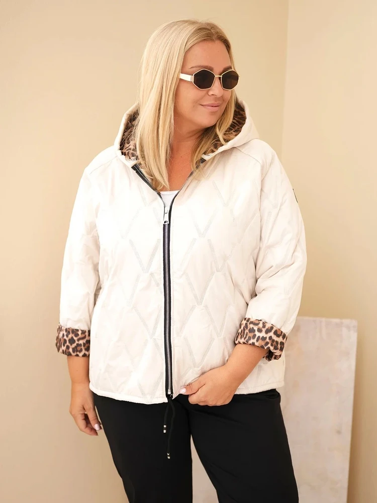 Moteriška Plus Size striukė su gobtuvu ir leopardo rašto apdaila, šviesiai smėlio spalvos