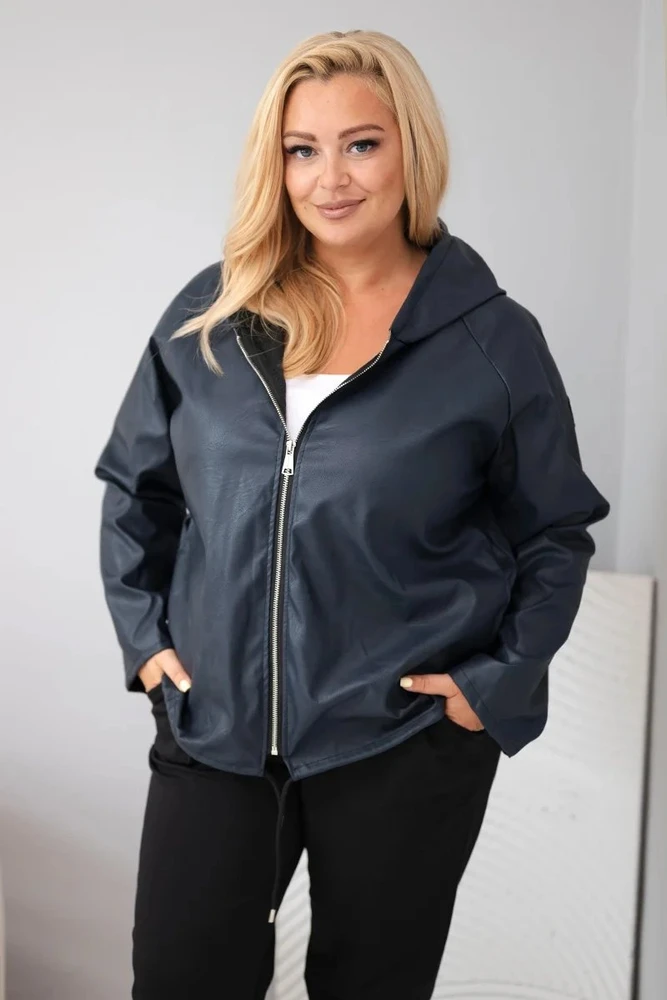 Moteriška Plus Size striukė su gobtuvu ir reguliuojama apačia, tamsiai mėlyna