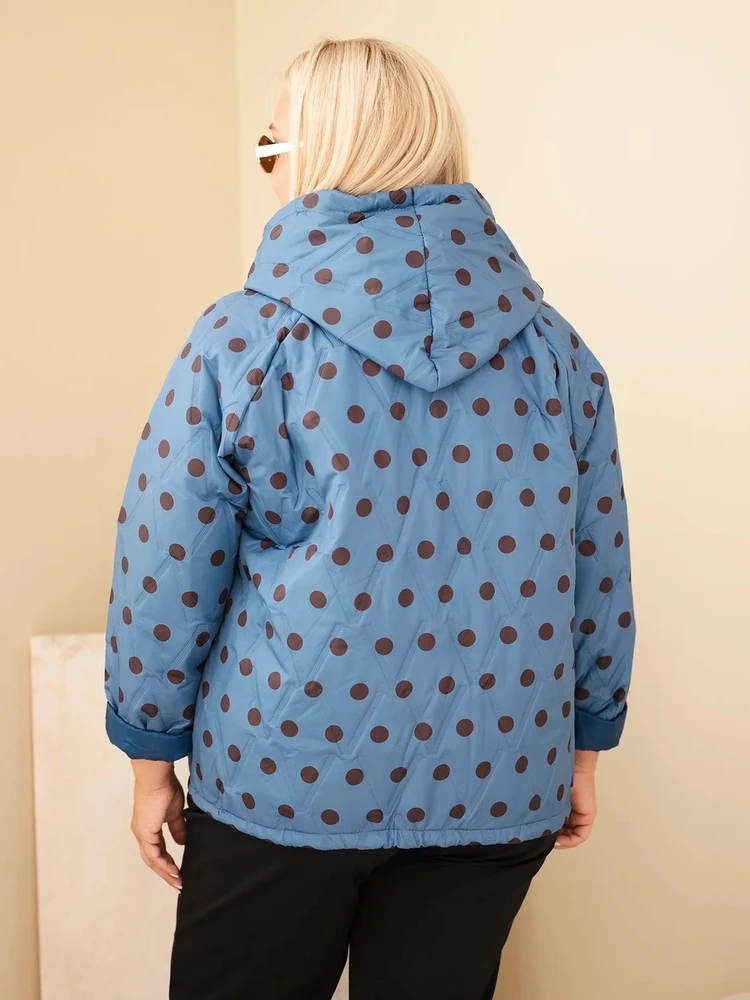 Moteriška Plus Size striukė su gobtuvu ir taškuotu raštu, džinso mėlynos spalvos