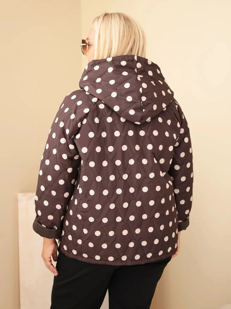 Moteriška Plus Size striukė su gobtuvu ir taškuotu raštu, ruda