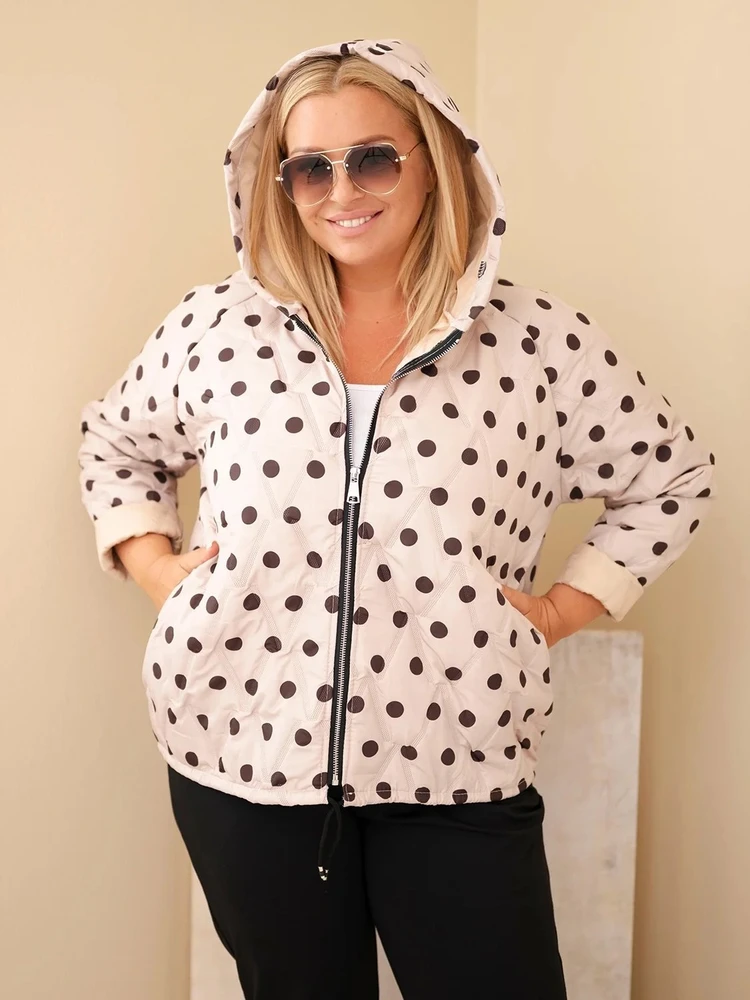 Moteriška Plus Size striukė su gobtuvu ir taškuotu raštu, smėlio spalvos