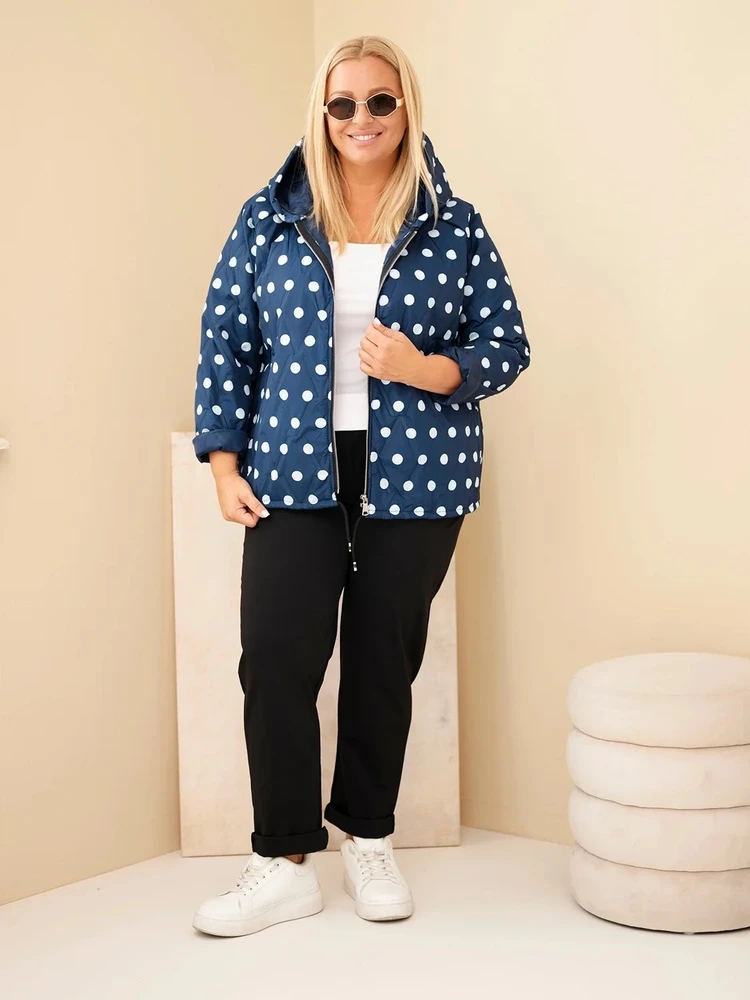 Moteriška Plus Size striukė su gobtuvu ir taškuotu raštu, tamsiai mėlyna