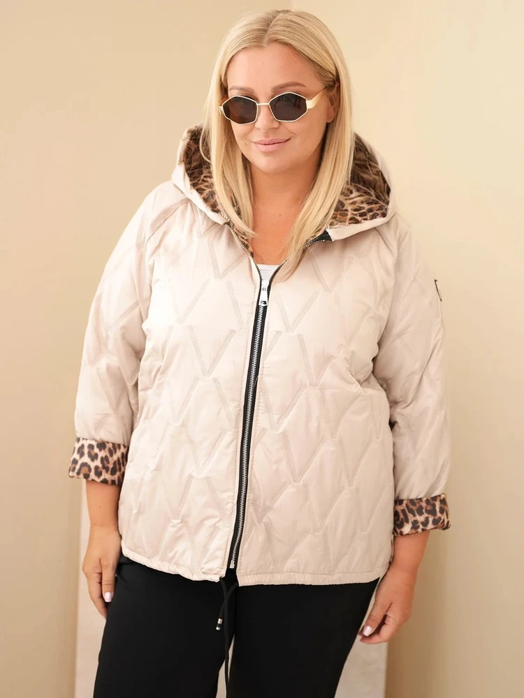 Moteriška Plus Size striukė su gobtuvu ir leopardo rašto apdaila, tamsiai smėlio spalvos