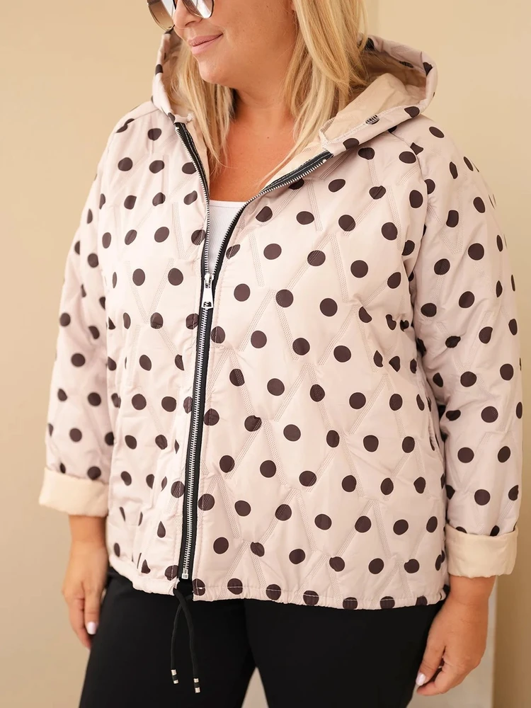 Moteriška Plus Size striukė su gobtuvu ir taškuotu raštu, smėlio spalvos