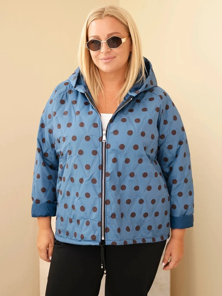 Moteriška Plus Size striukė su gobtuvu ir taškuotu raštu, džinso mėlynos spalvos