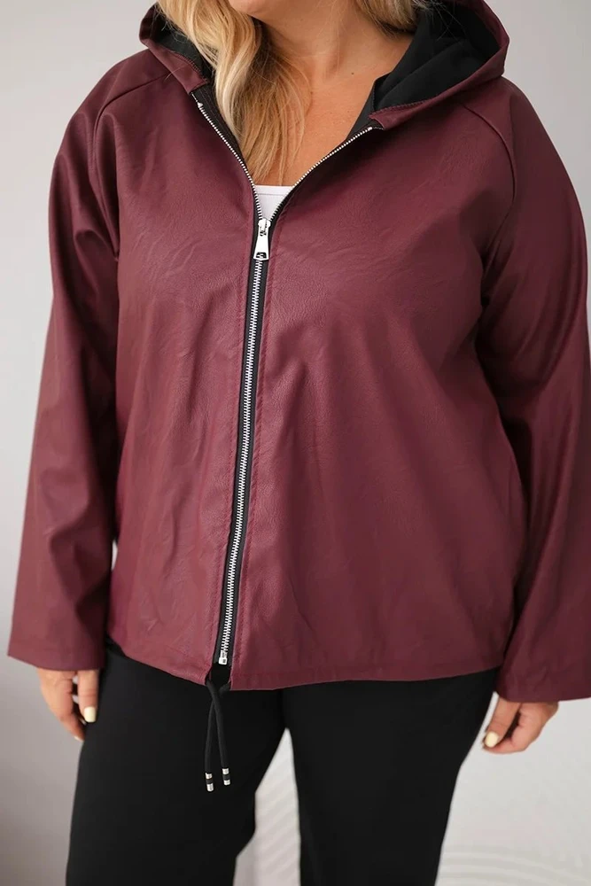 Moteriška Plus Size striukė su gobtuvu ir reguliuojama apačia, bordo spalvos