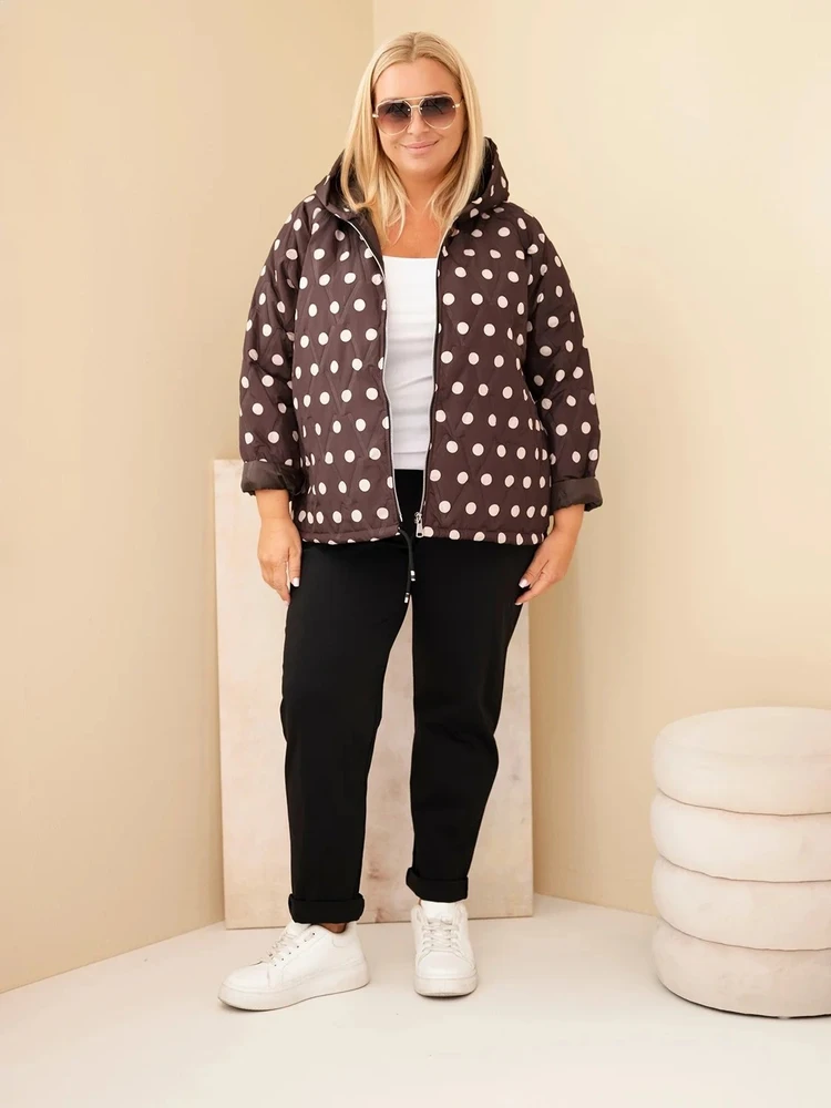 Moteriška Plus Size striukė su gobtuvu ir taškuotu raštu, ruda