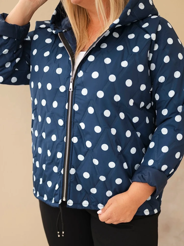 Moteriška Plus Size striukė su gobtuvu ir taškuotu raštu, tamsiai mėlyna