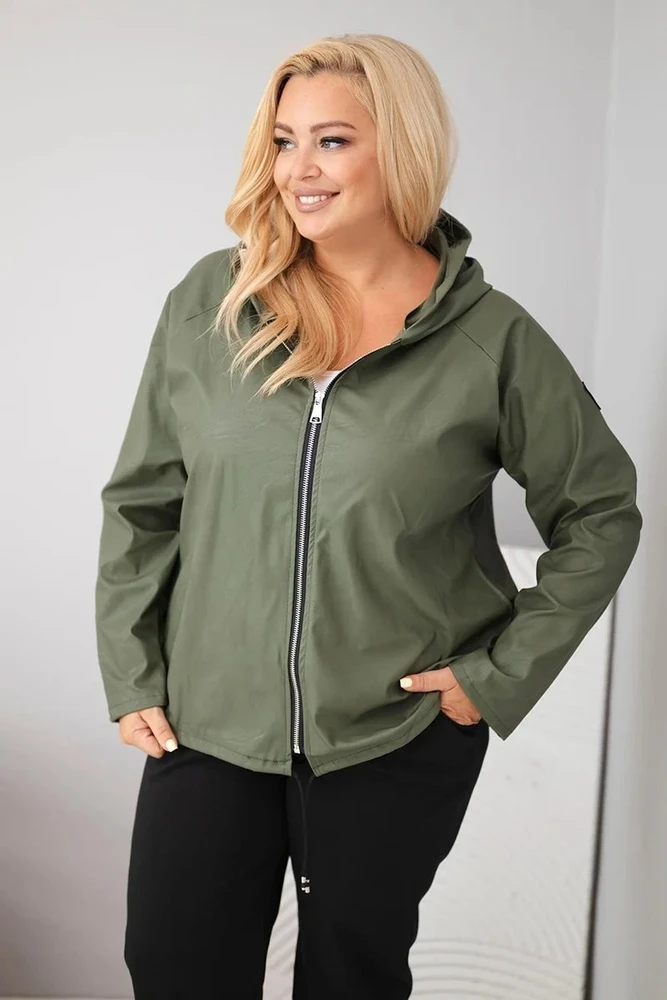 Moteriška Plus Size striukė su gobtuvu ir reguliuojama apačia, chaki spalvos