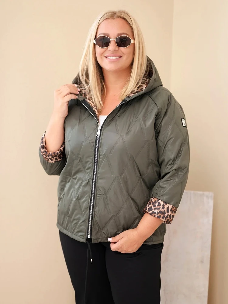 Moteriška Plus Size striukė su gobtuvu ir leopardo rašto apdaila, chaki spalvos