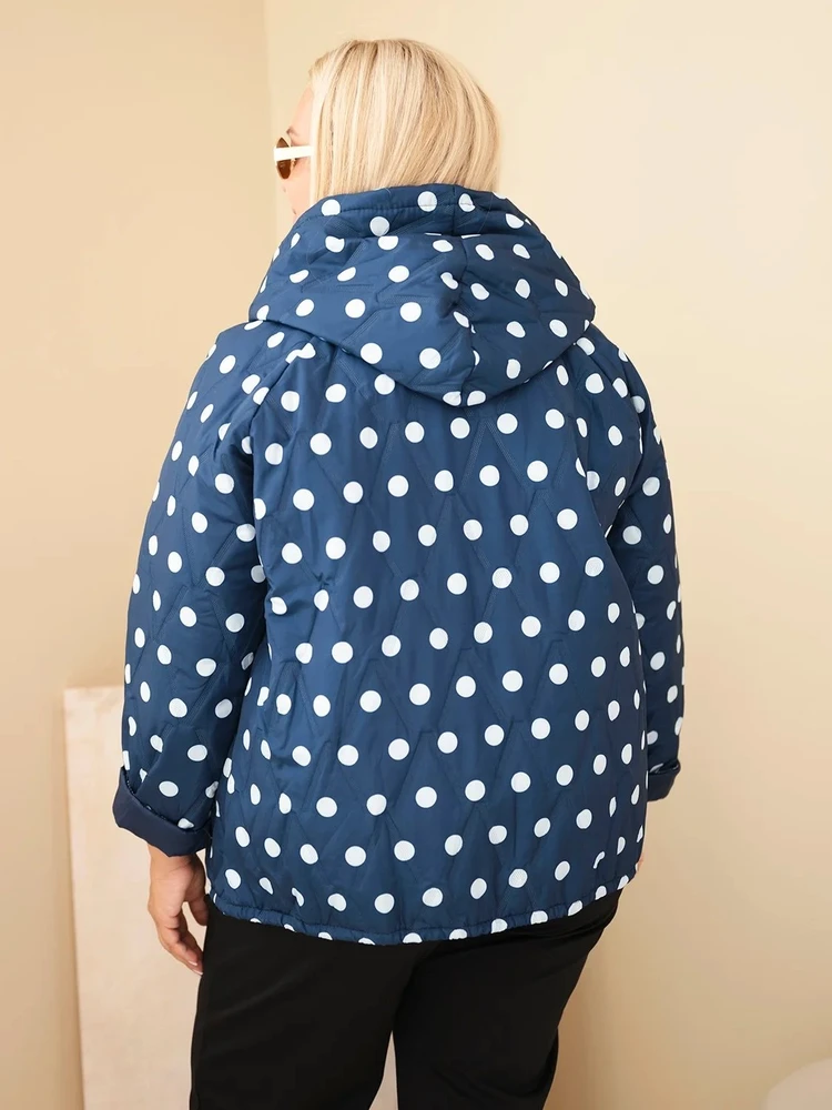 Moteriška Plus Size striukė su gobtuvu ir taškuotu raštu, tamsiai mėlyna