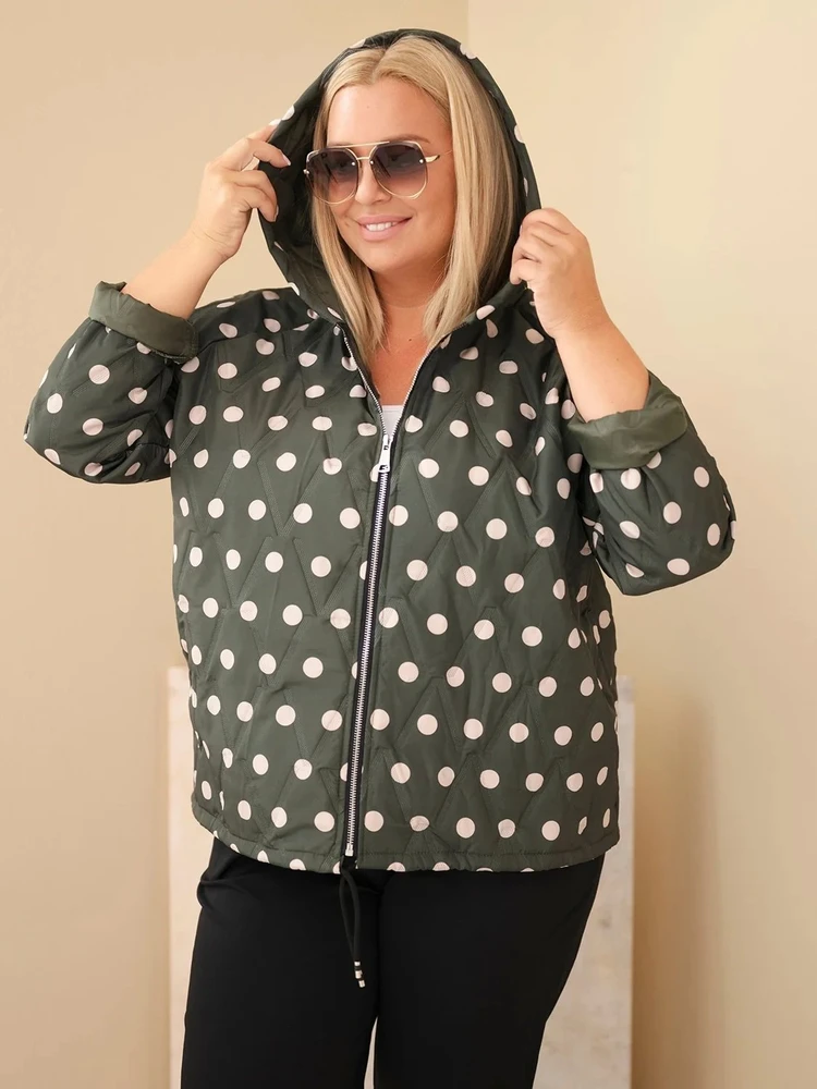 Moteriška Plus Size striukė su taškuotu raštu ir gobtuvu, chaki spalvos