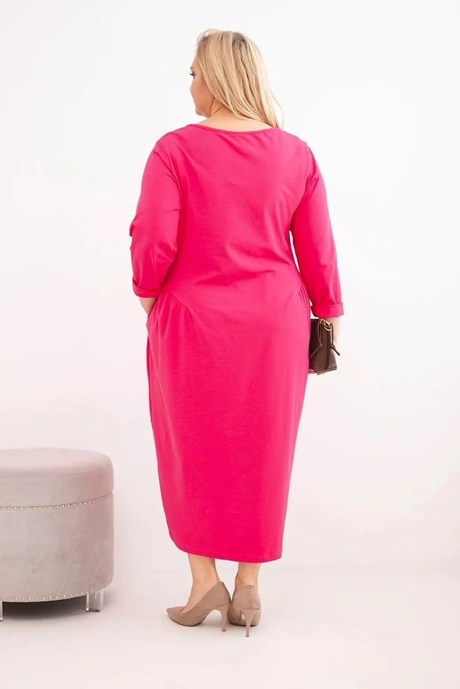 Moteriška Plus Size suknelė su ilgomis rankovėmis, fuksijos spalvos