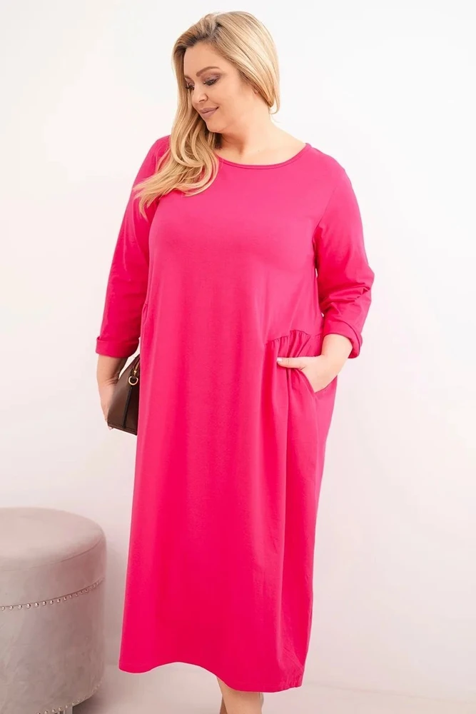 Moteriška Plus Size suknelė su ilgomis rankovėmis, fuksijos spalvos