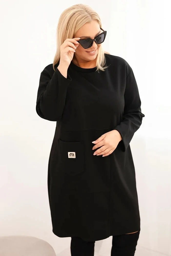 Moteriška Plus Size suknelė su kišene ir 3/4 rankovėmis, juodos spalvos
