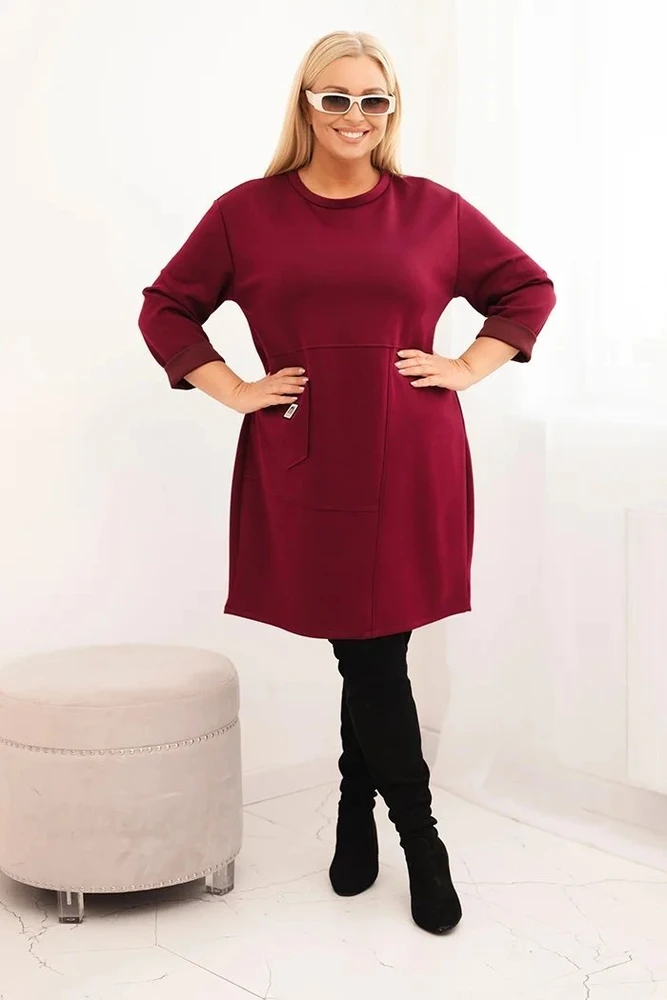 Moteriška Plus Size suknelė su kišene ir 3/4 rankovėmis, slyvų spalvos