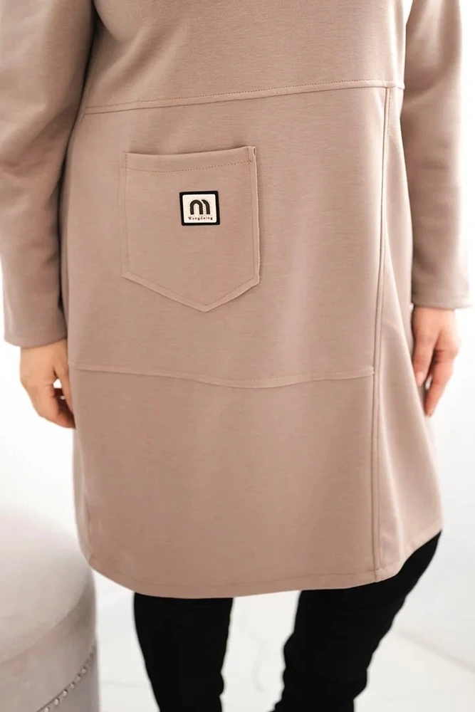 Moteriška Plus Size suknelė su kišene ir 3/4 rankovėmis, smėlio spalvos