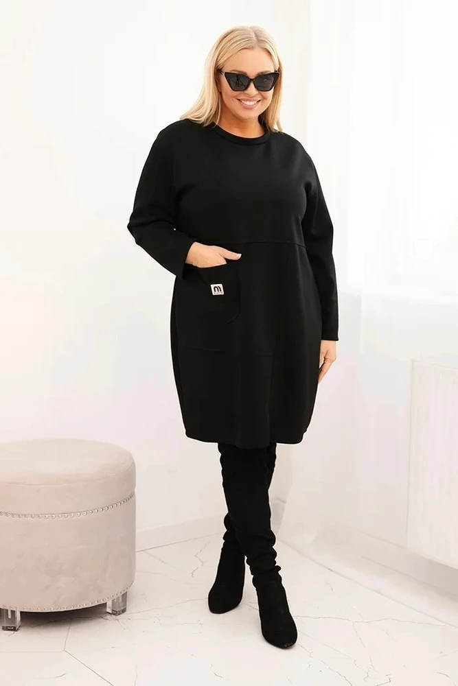 Moteriška Plus Size suknelė su kišene ir 3/4 rankovėmis, juodos spalvos