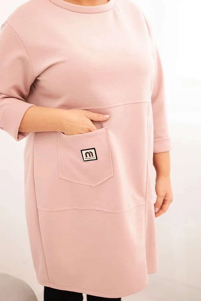 Moteriška Plus Size suknelė su kišene ir 3/4 rankovėmis, pudrinė rožinė