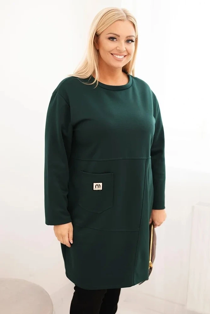 Moteriška Plus Size suknelė su kišene ir 3/4 rankovėmis, tamsiai žalios spalvos