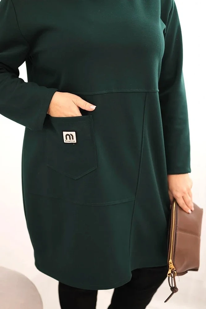 Moteriška Plus Size suknelė su kišene ir 3/4 rankovėmis, tamsiai žalios spalvos