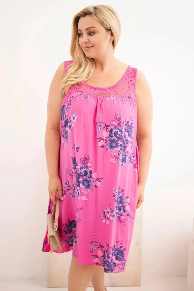 Moteriška Plus Size suknelė su nėriniais ir gėlių raštu, rožinė