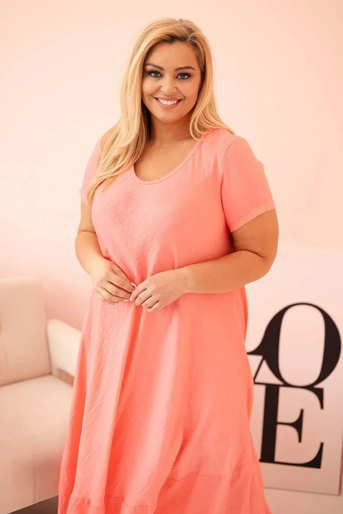 Moteriška Plus Size suknelė su trumpomis rankovėmis ir raukiniais, rožinės spalvos