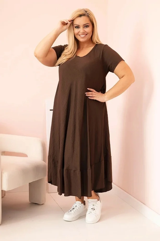 Moteriška Plus Size suknelė su trumpomis rankovėmis ir raukiniais, rudos spalvos