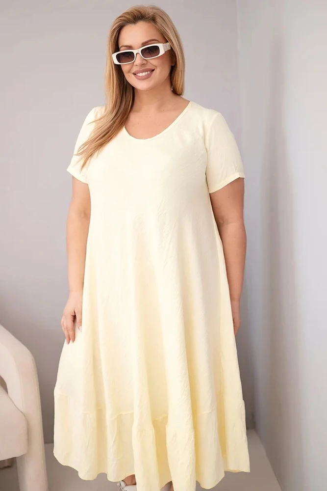 Moteriška Plus Size suknelė su trumpomis rankovėmis ir raukinuku, geltonos spalvos