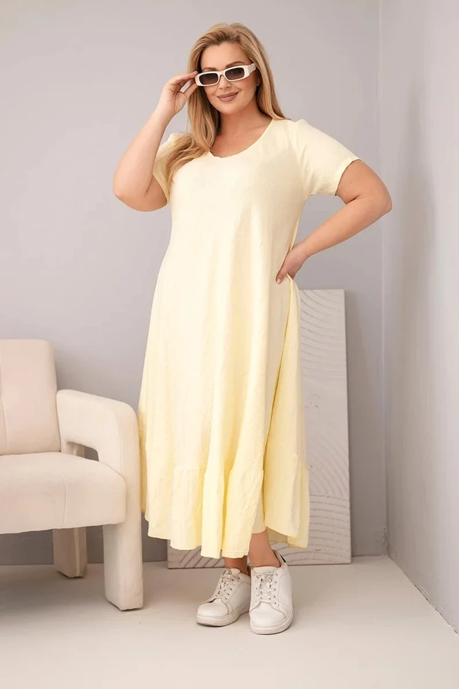 Moteriška Plus Size suknelė su trumpomis rankovėmis ir raukinuku, geltonos spalvos