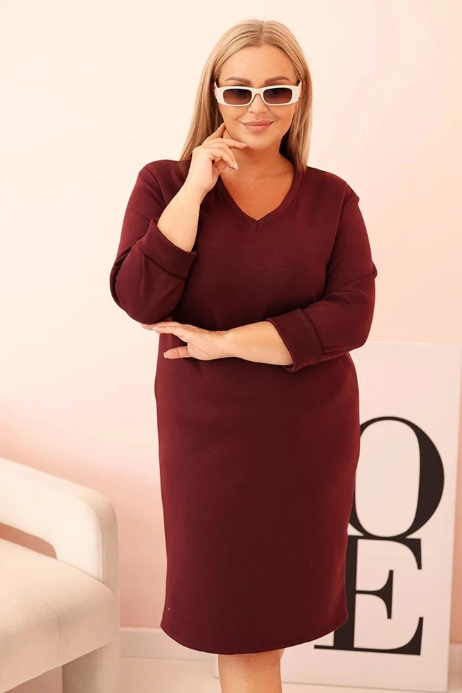 Moteriška Plus Size suknelė su V formos iškirpte, bordo spalvos