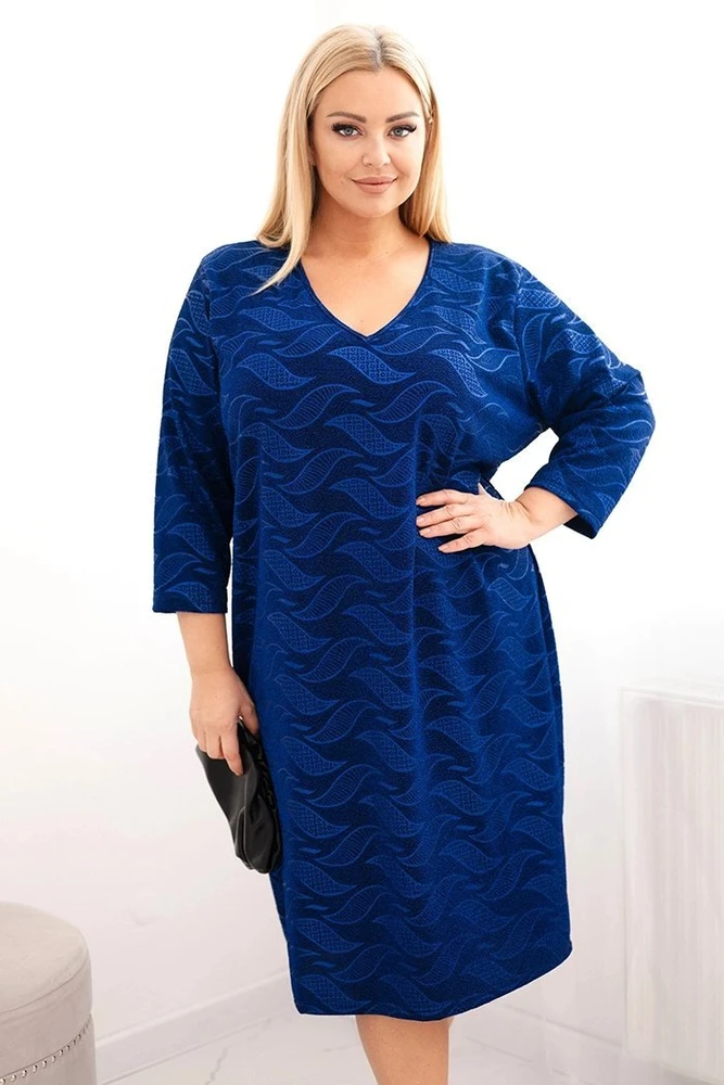 Moteriška Plus Size suknelė su V formos iškirpte, mėlynos spalvos