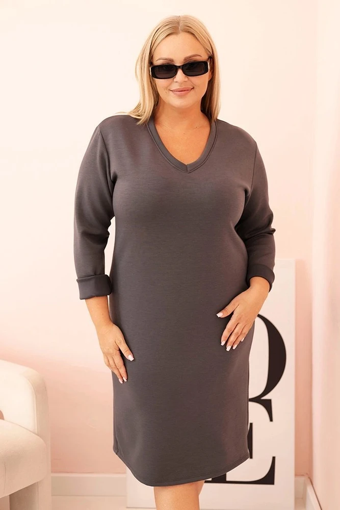 Moteriška Plus Size suknelė su V formos iškirpte ir 3/4 rankovėmis, grafito spalvos