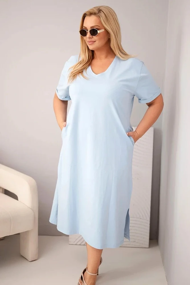 Moteriška Plus Size suknelė su V formos iškirpte, mėlyna