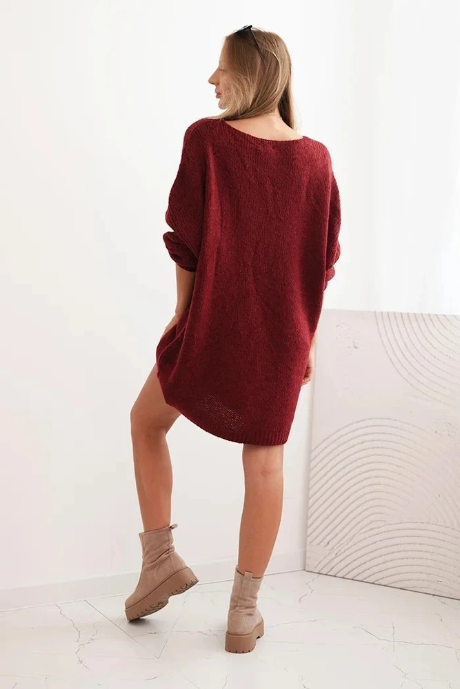 Moteriška Plus Size suknelė su V formos iškirpte, bordo spalvos