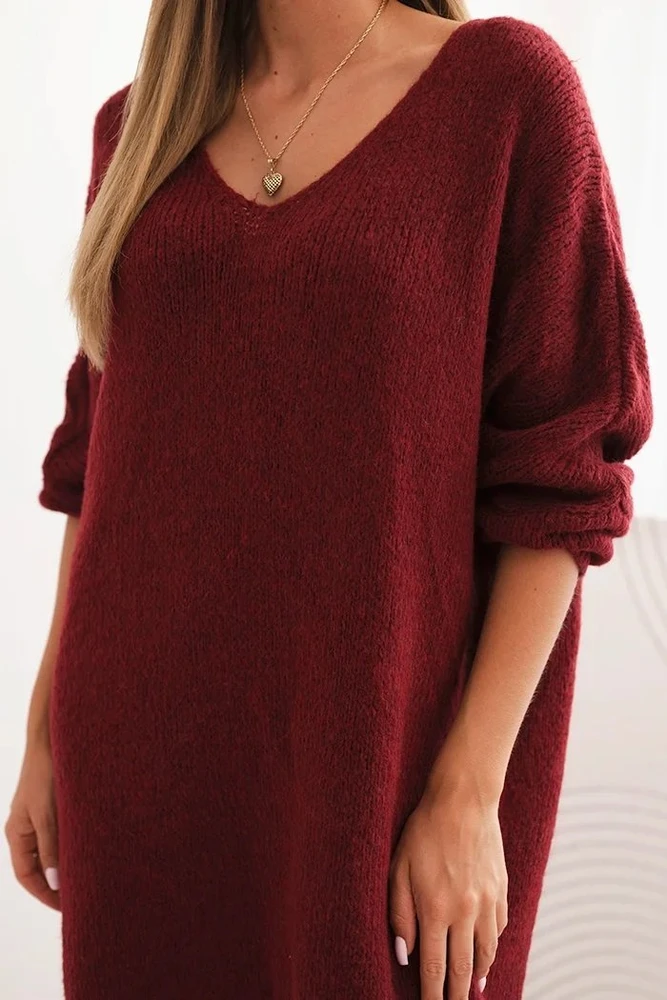 Moteriška Plus Size suknelė su V formos iškirpte, bordo spalvos