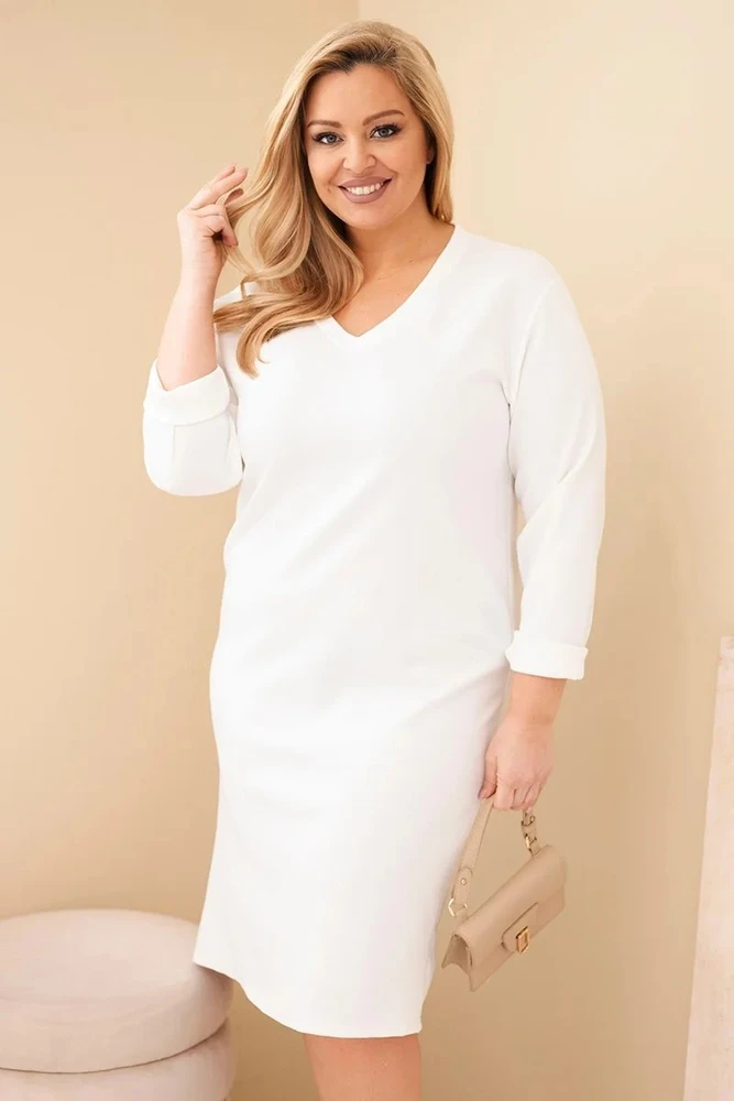 Moteriška Plus Size suknelė su V formos iškirpte, baltos spalvos