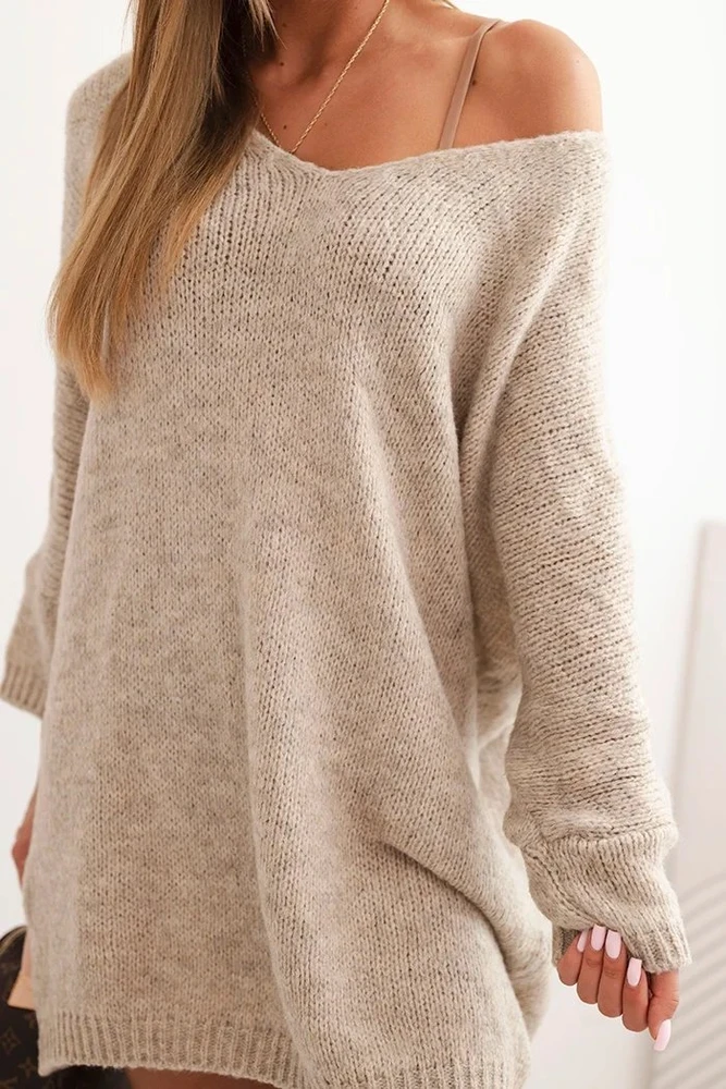 Moteriška Plus Size suknelė su V formos iškirpte, tamsiai smėlio spalvos