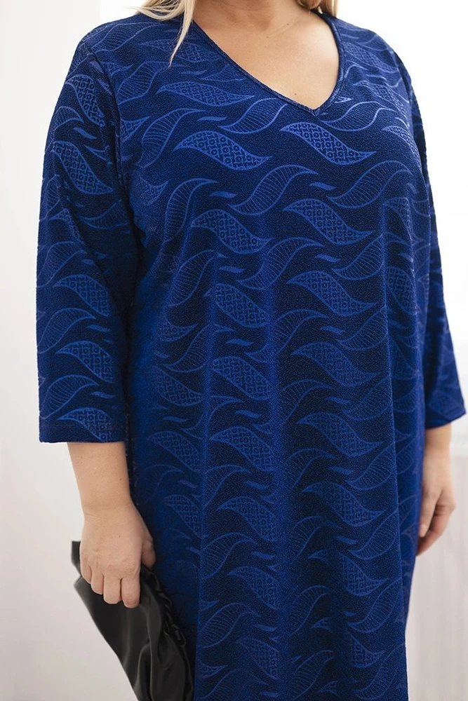Moteriška Plus Size suknelė su V formos iškirpte, mėlynos spalvos