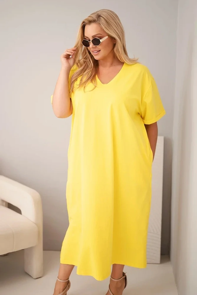 Moteriška Plus Size suknelė su V formos iškirpte, geltona
