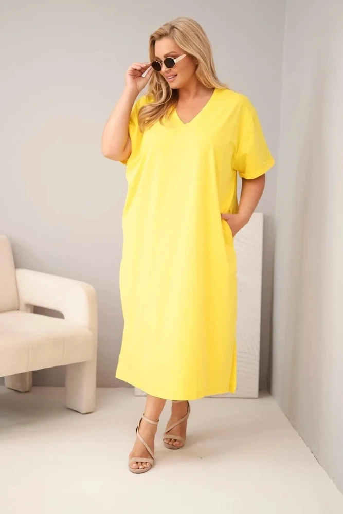 Moteriška Plus Size suknelė su V formos iškirpte, geltona