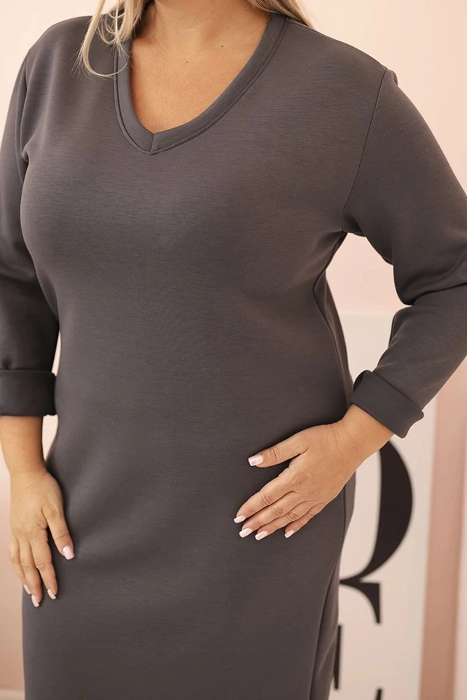 Moteriška Plus Size suknelė su V formos iškirpte ir 3/4 rankovėmis, grafito spalvos