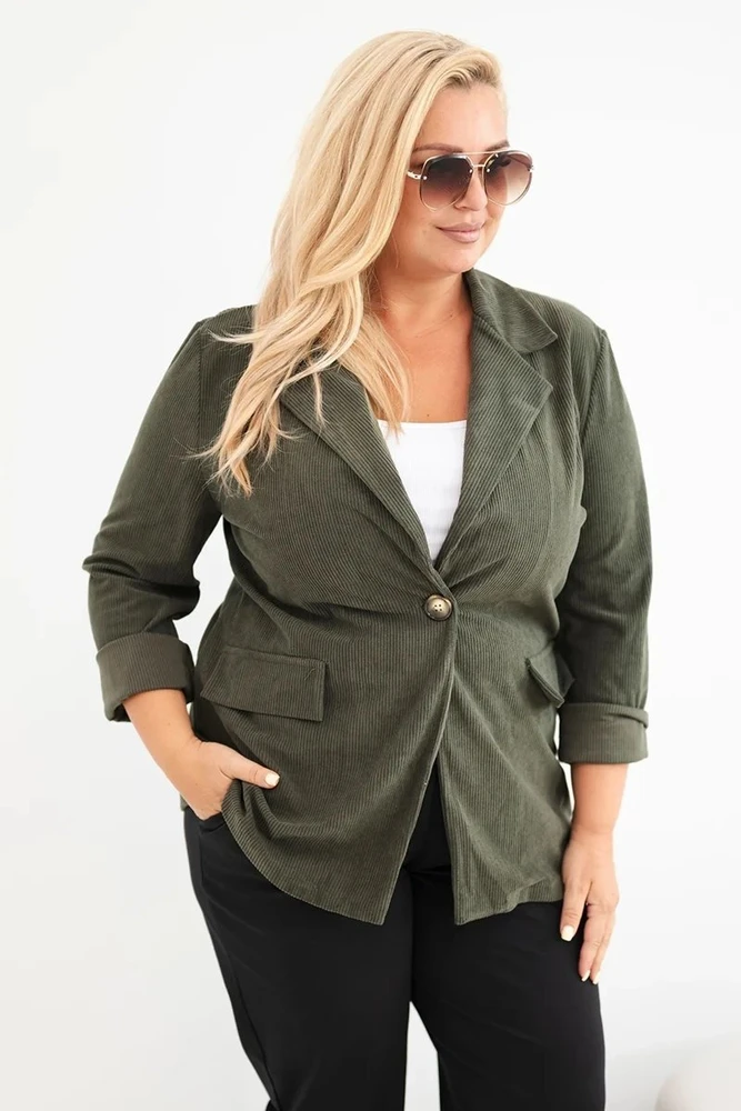 Moteriška Plus Size švarkelio tipo striukė su atvartais ir kišenėmis, chaki spalvos