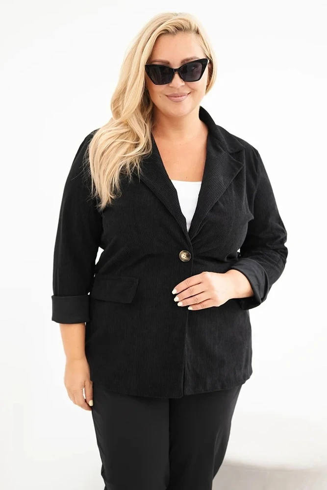Moteriška Plus Size sztrukso stiliaus striukė su atvartais ir kišenėmis, juoda