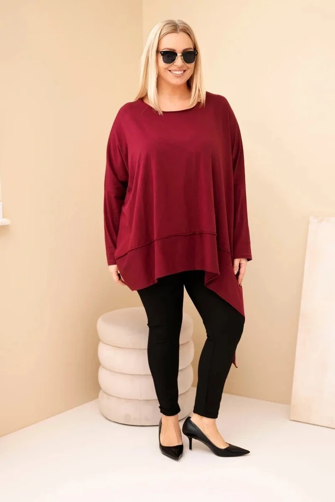 Moteriška Plus Size tunika su asimetrine apačia, burgundiška